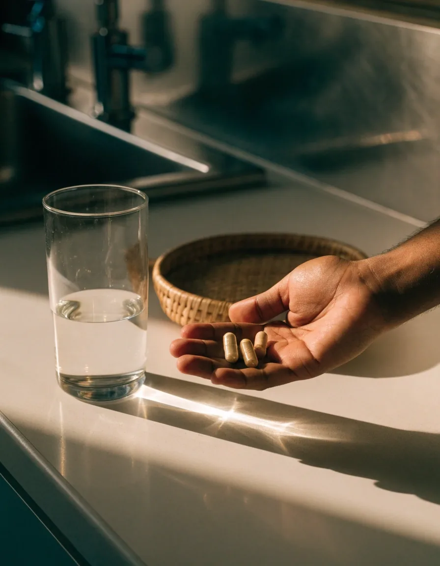 Hands opening a daily supplement organiser of unbranded capsules on a wooden counter in warm sidelight