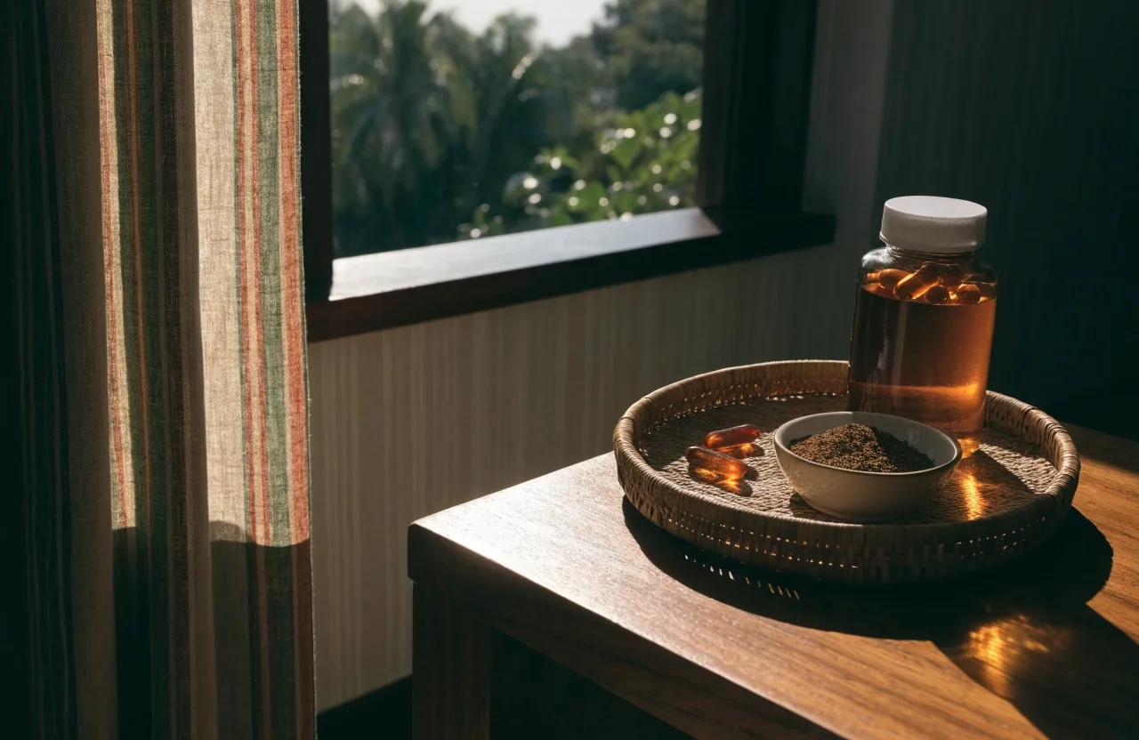 A glass of water, a small ceramic dish, and halved citrus on a stone counter under low evening light
