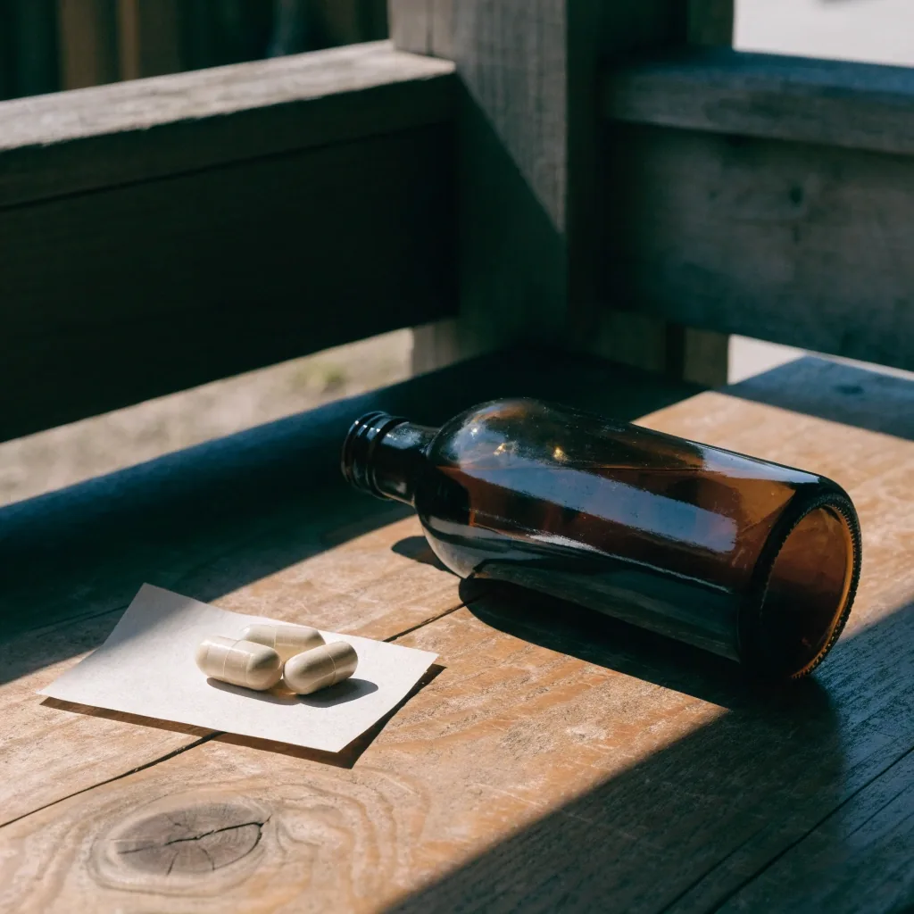 Two unbranded capsules on plain matte paper beside a dark glass bottle in raking sidelight