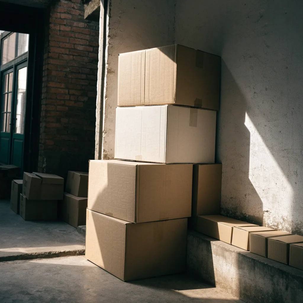 A tidy stockroom corner with plain cartons stacked against a whitewashed wall in warm afternoon light