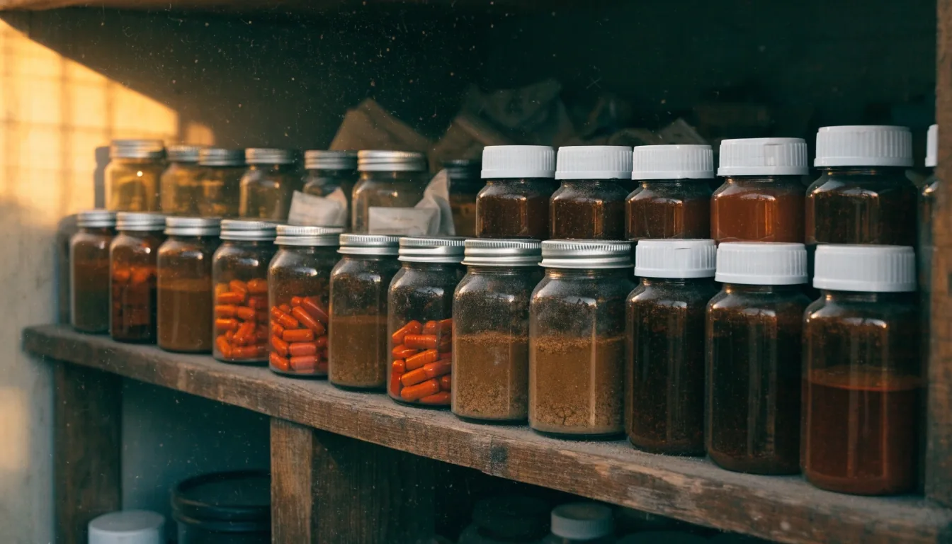 Rows of unbranded supplement containers and extract jars on a shelf under warm late-day light