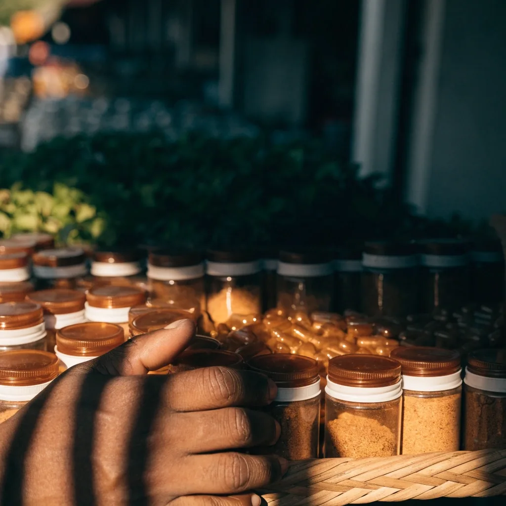 Unbranded supplement bottles and a capsule on matte paper under warm sidelight