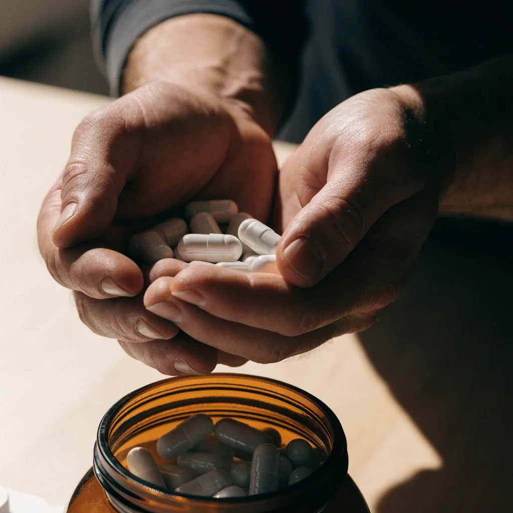 Hands holding unbranded capsules above an open amber jar on a wooden counter
