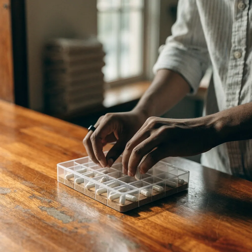 Hands opening an unbranded supplement organiser on a wooden counter in daylight