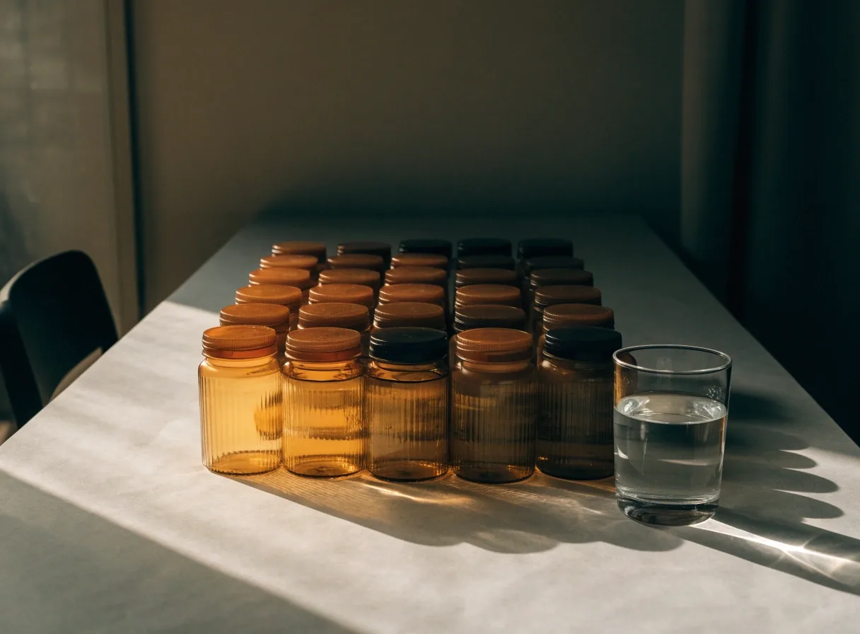 Rows of unbranded supplement containers and a glass of water on a wooden counter in a Surabaya workspace, raked by late-afternoon daylight